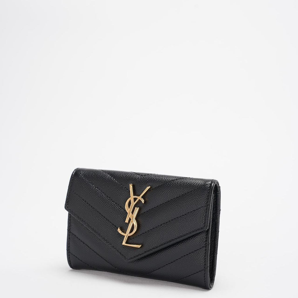 Saint Laurent Small Monogram Wallet Black Leather with Gold YSL Logo