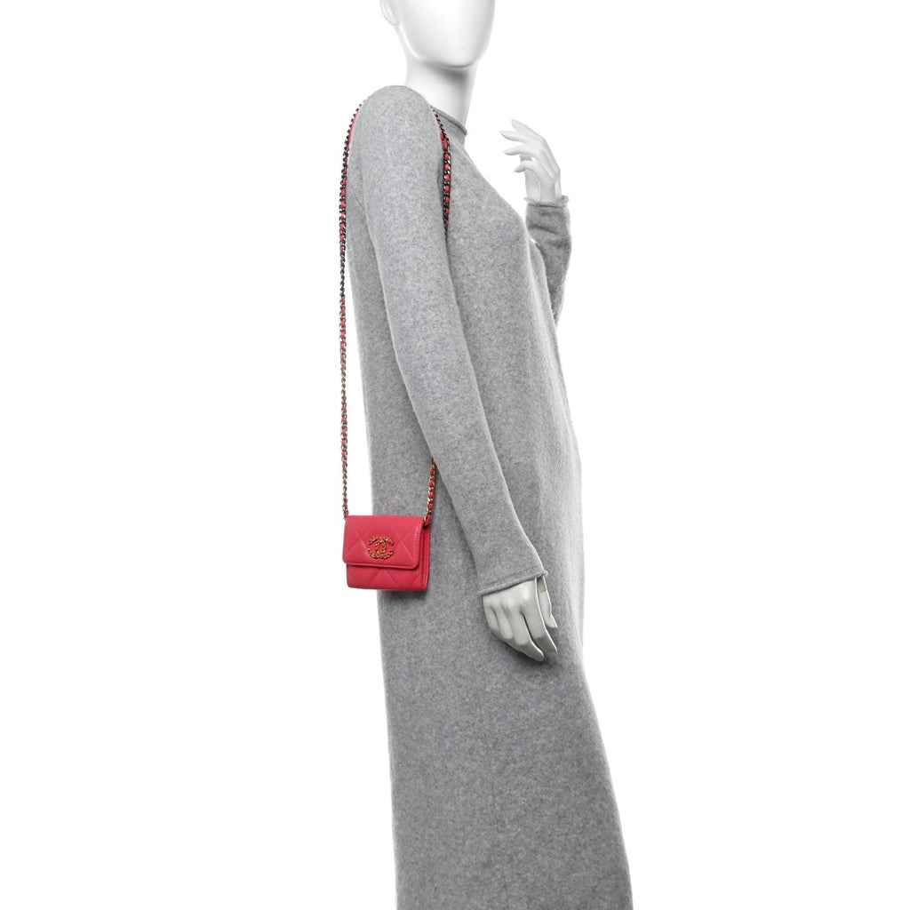Lambskin Quilted Chanel 19 Flap Coin Purse With Chain Dark Pink