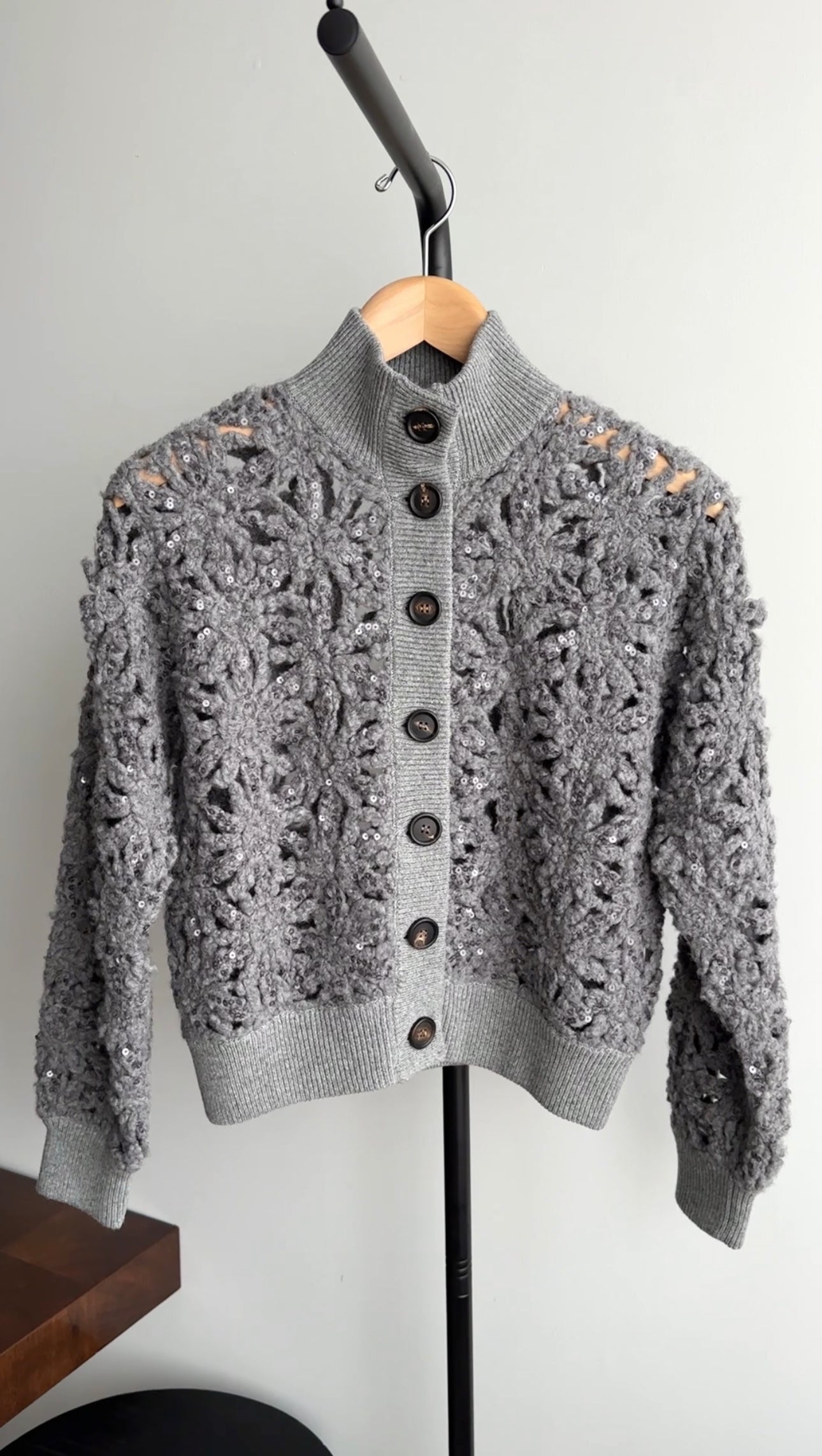 Brunello Cucinelli Grey Open Knit Sequin Short igan Sweater - S (4/6)