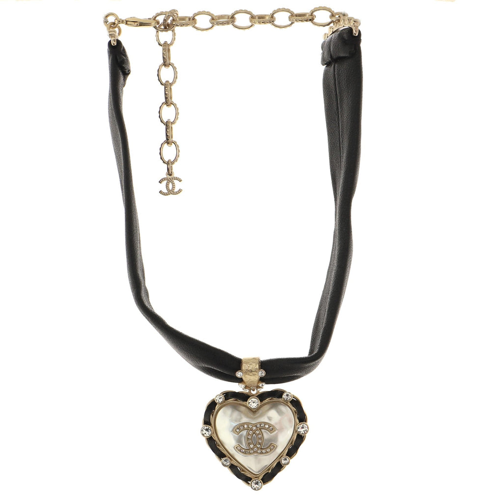 CC Heart Charm Choker Necklace Leather with Metal, Resin and Crystals