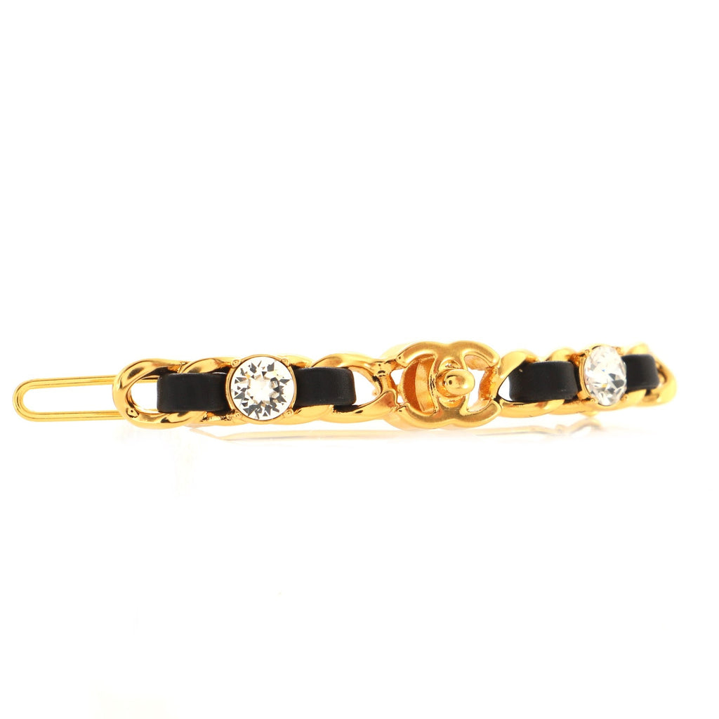 Chain CC Turnlock Hair Clip Metal with Leather and Crystals XS