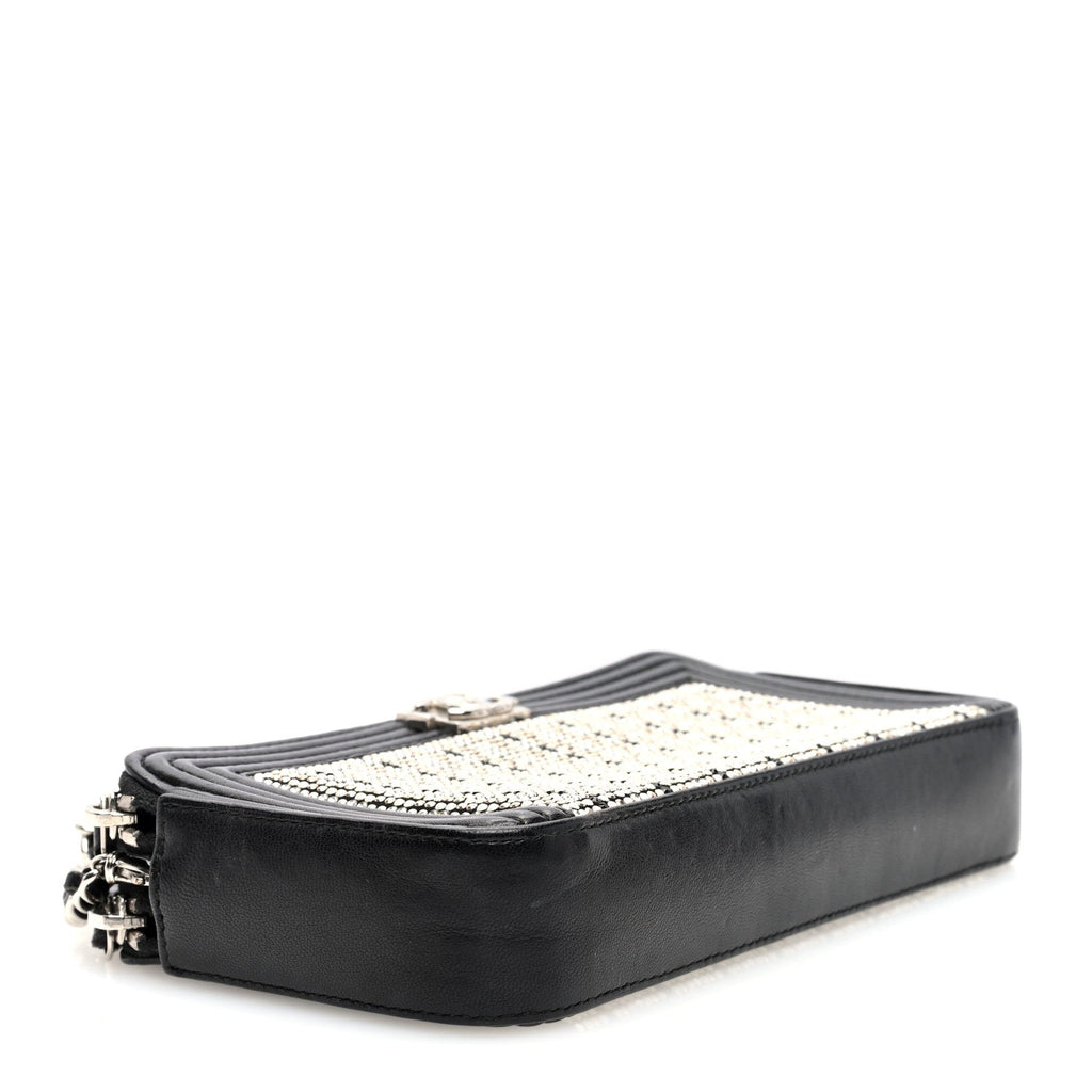 Calfskin Crystal Studded Small Boy Clutch With Chain Black