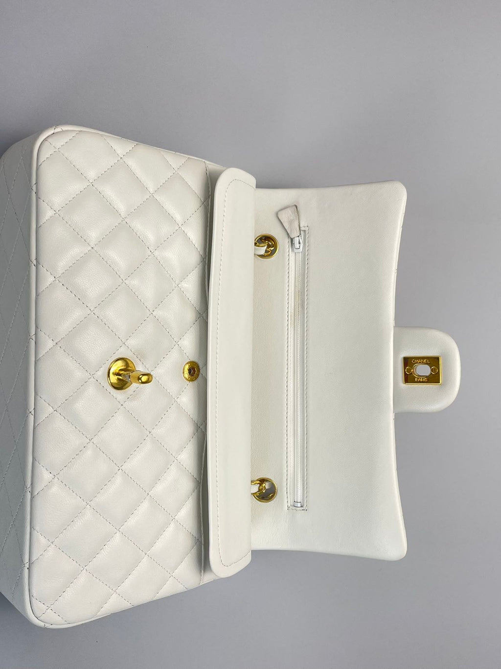Chanel  Vinateg White Classic Flap Bag  with Gold Hardware
