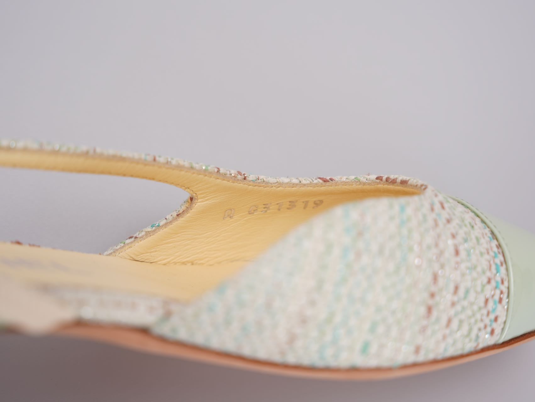 Chanel Light Green Tweed Slingback Patent Cap Toe Ballerinas 36