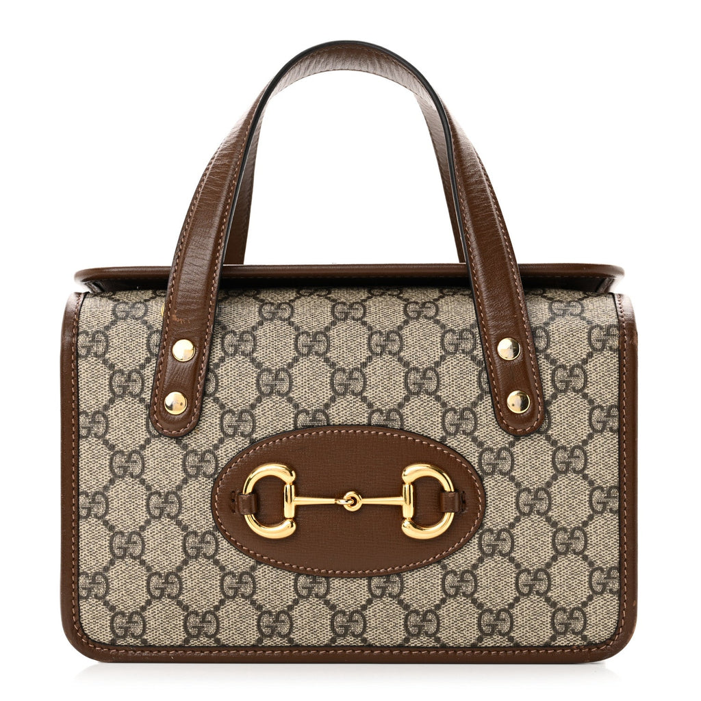 GG Supreme Monogram Azalea Calfskin Mini Horsebit 1955 Foldover Top Handle Bag Beige Ebony Brown Sugar