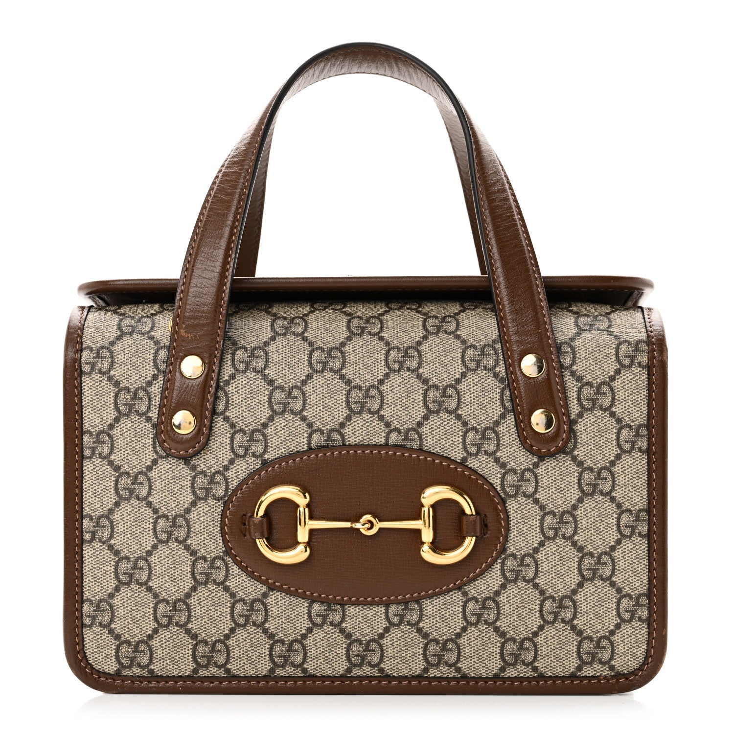 GG Supreme Monogram Azalea Calfskin Mini Horsebit 1955 Foldover Top Handle Bag Beige Ebony Brown Sugar