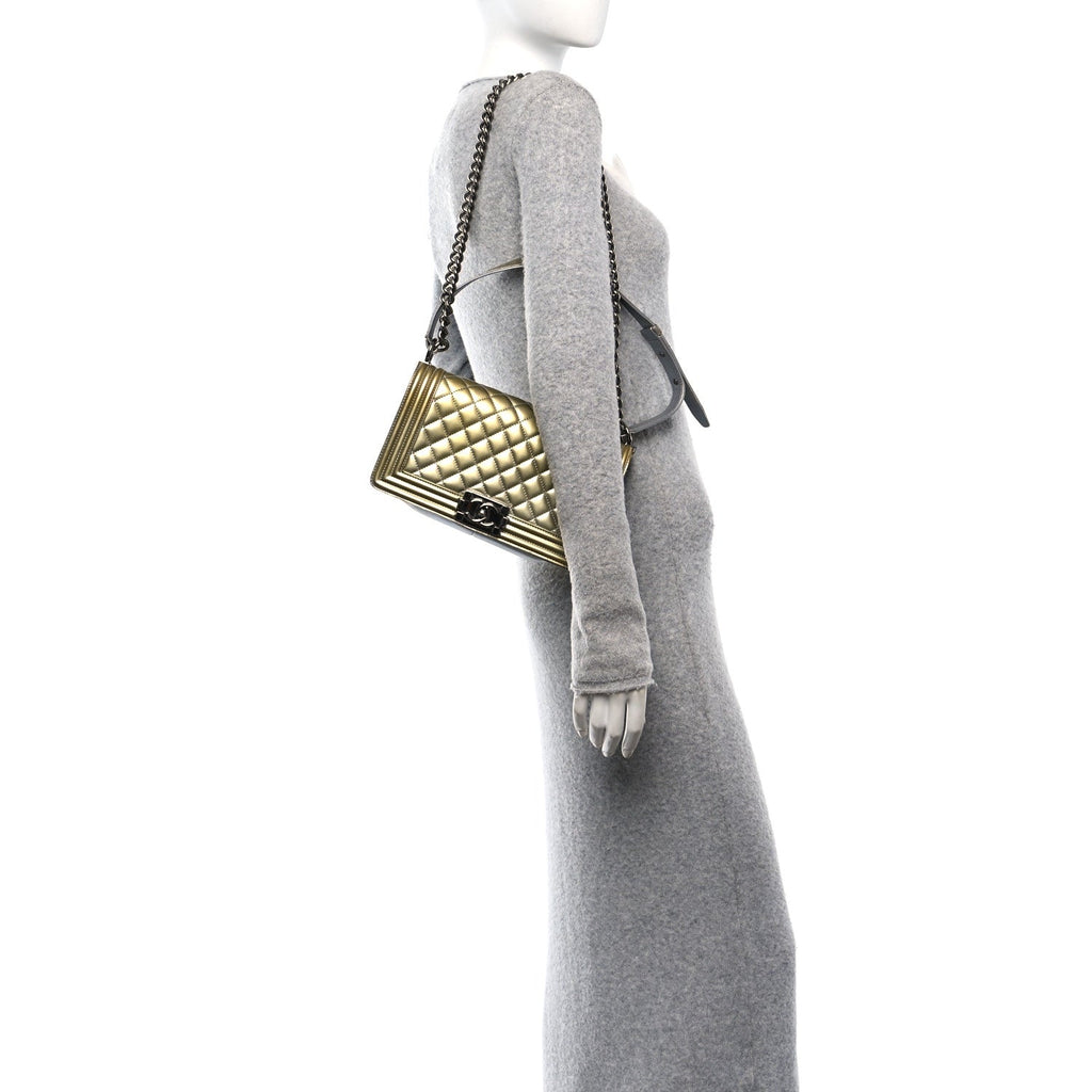 Metallic Patent Calfskin Quilted Medium Boy Flap Silver