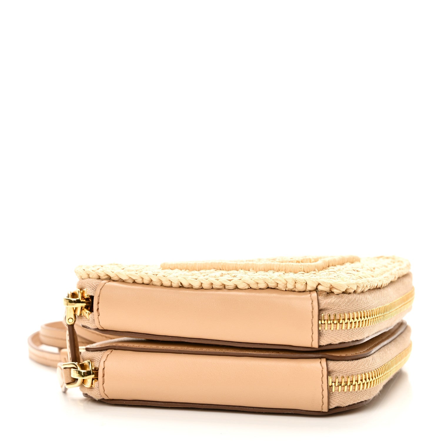 Raffia Calfskin Crochet Logo Embroidered Mini Triangle Crossbody Pouch Naturale