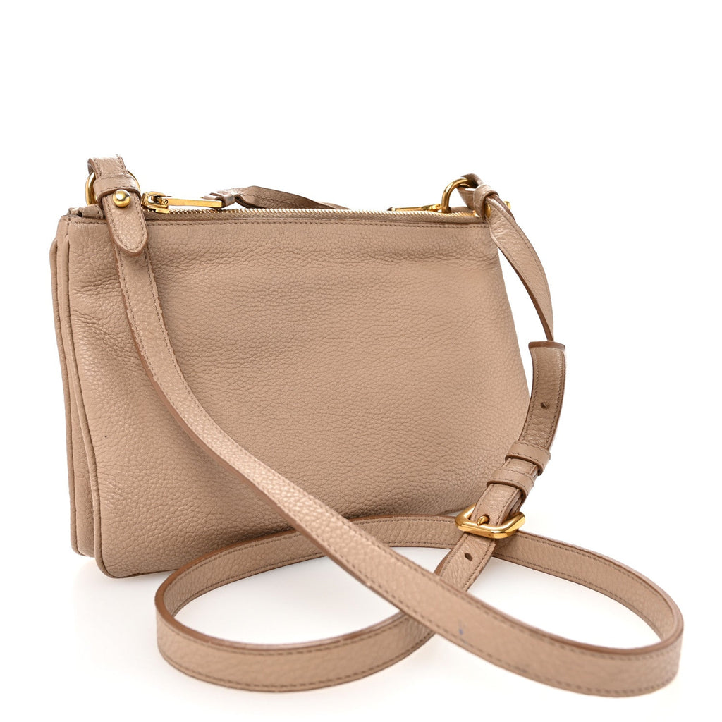 Vitello Daino Double Zip Crossbody Bag Cammeo