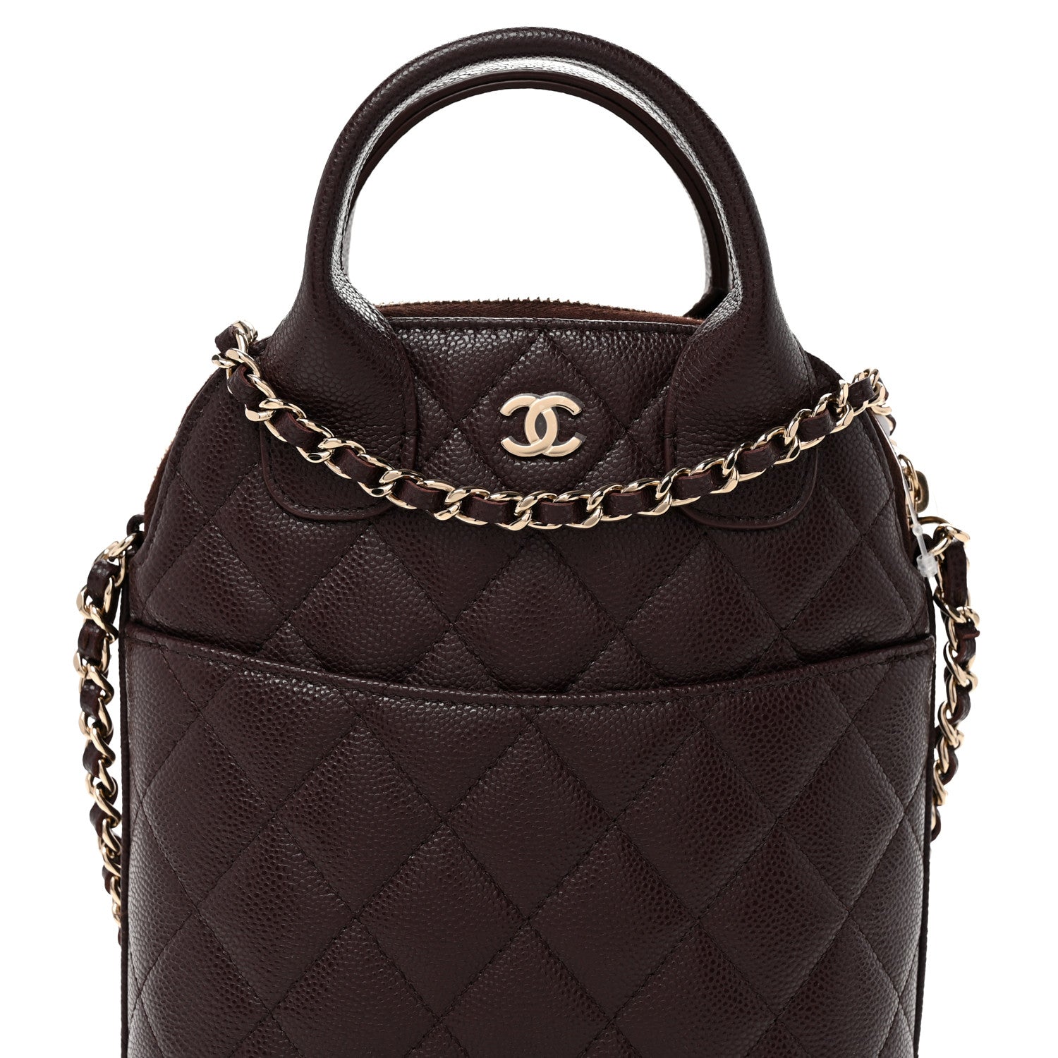 Caviar Quilted Top Handle Clutch With Chain Dark Brown