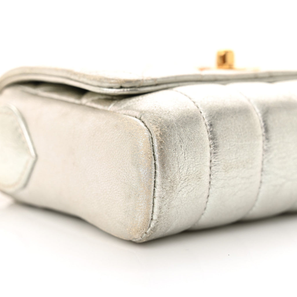 Metallic Goatskin Quilted Square Flap Shoulder Bag Silver