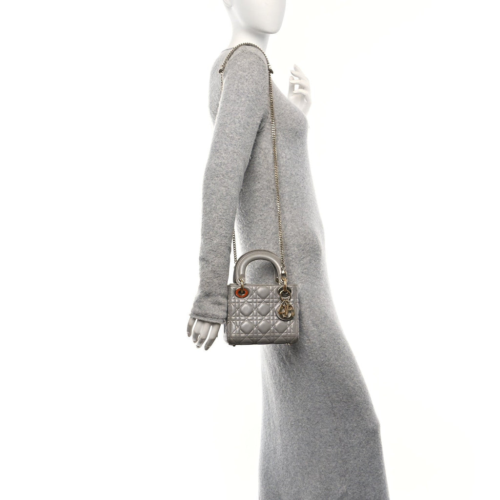 Metallic Lambskin Cannage Mini Lady Dior Grey