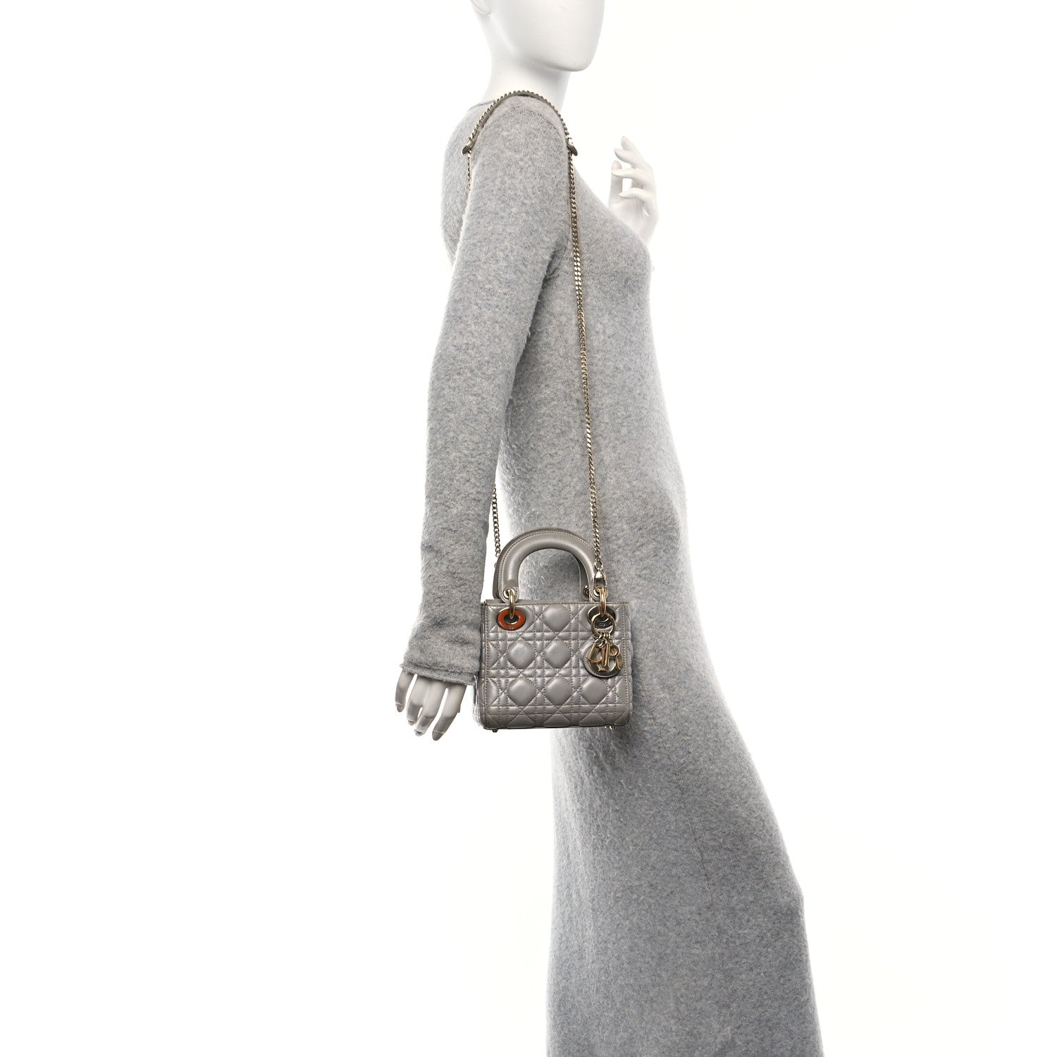 Metallic Lambskin Cannage Mini Lady Dior Grey