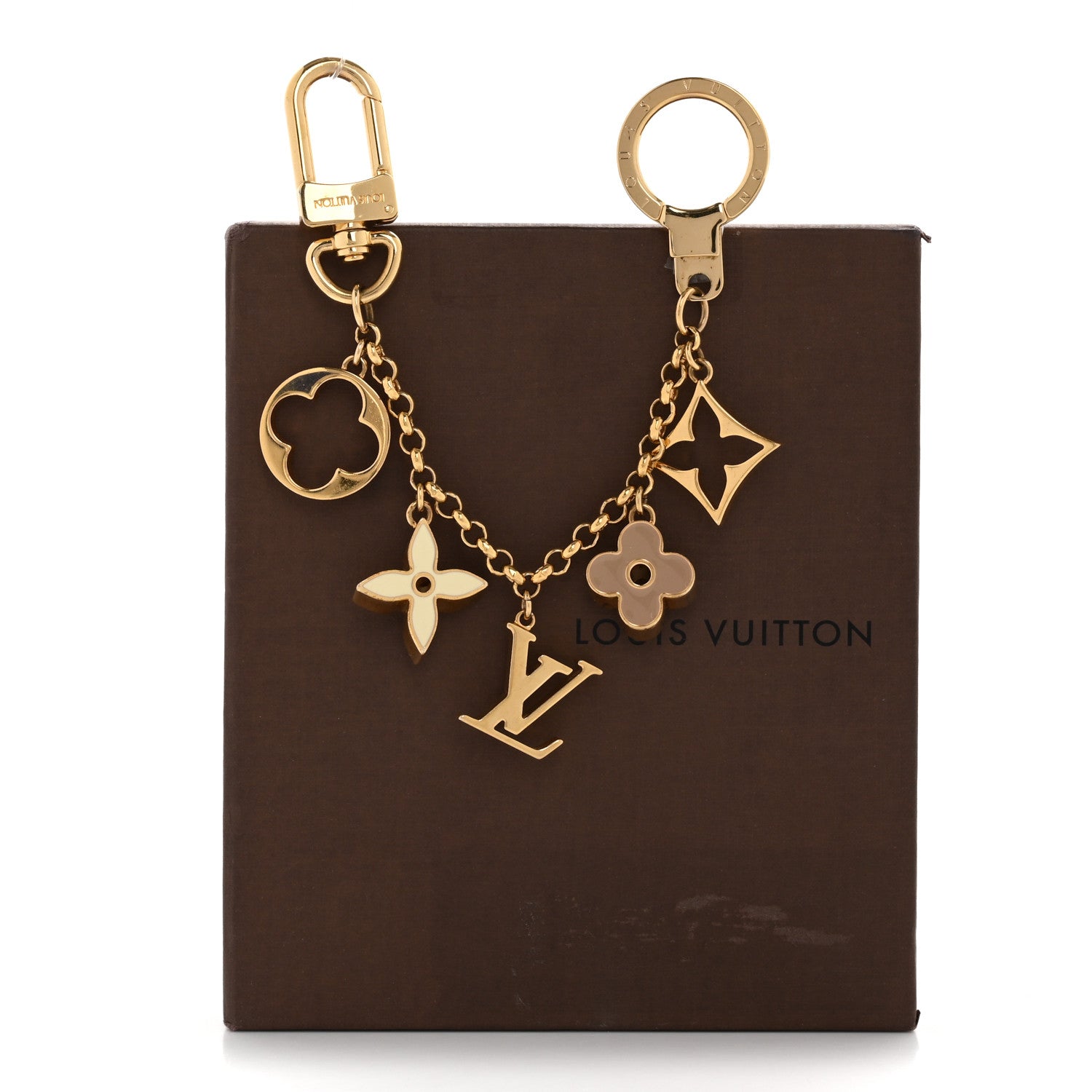 Brass Enamel Fleur De Monogram Bag Charm Chain Gold