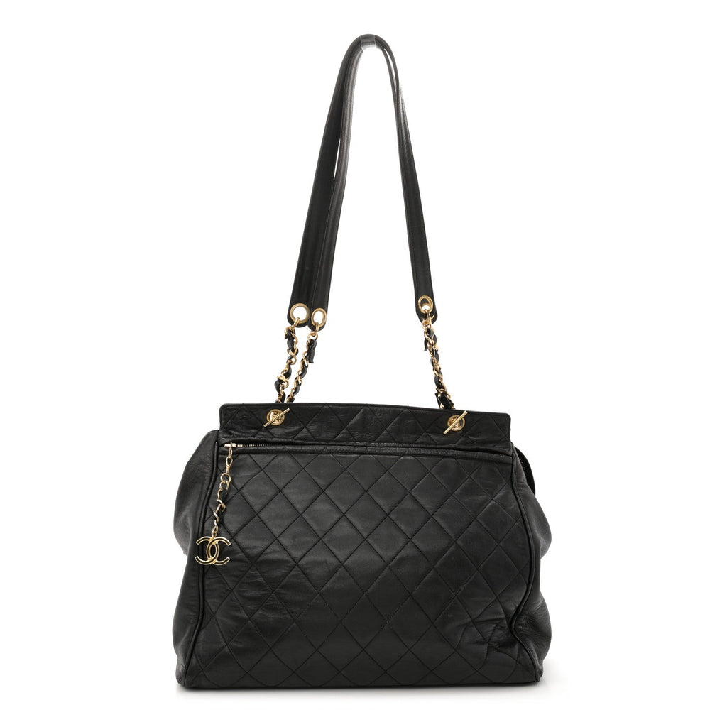 Lambskin Large Quilted Shopping Tote Black