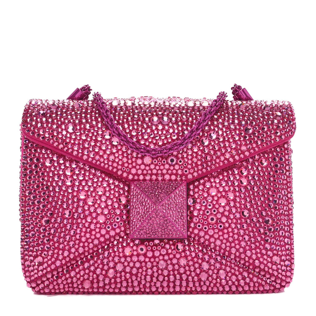 Crystal Suede Embellished Small One Stud Clutch With Chain Pink