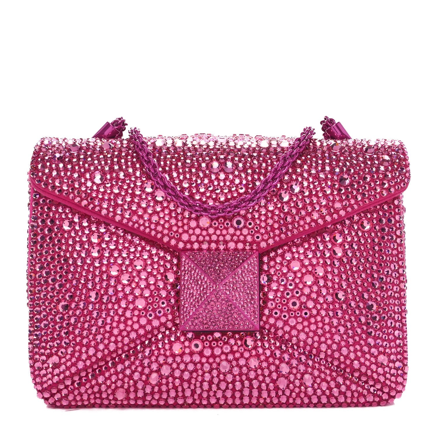 Crystal Suede Embellished Small One Stud Clutch With Chain Pink