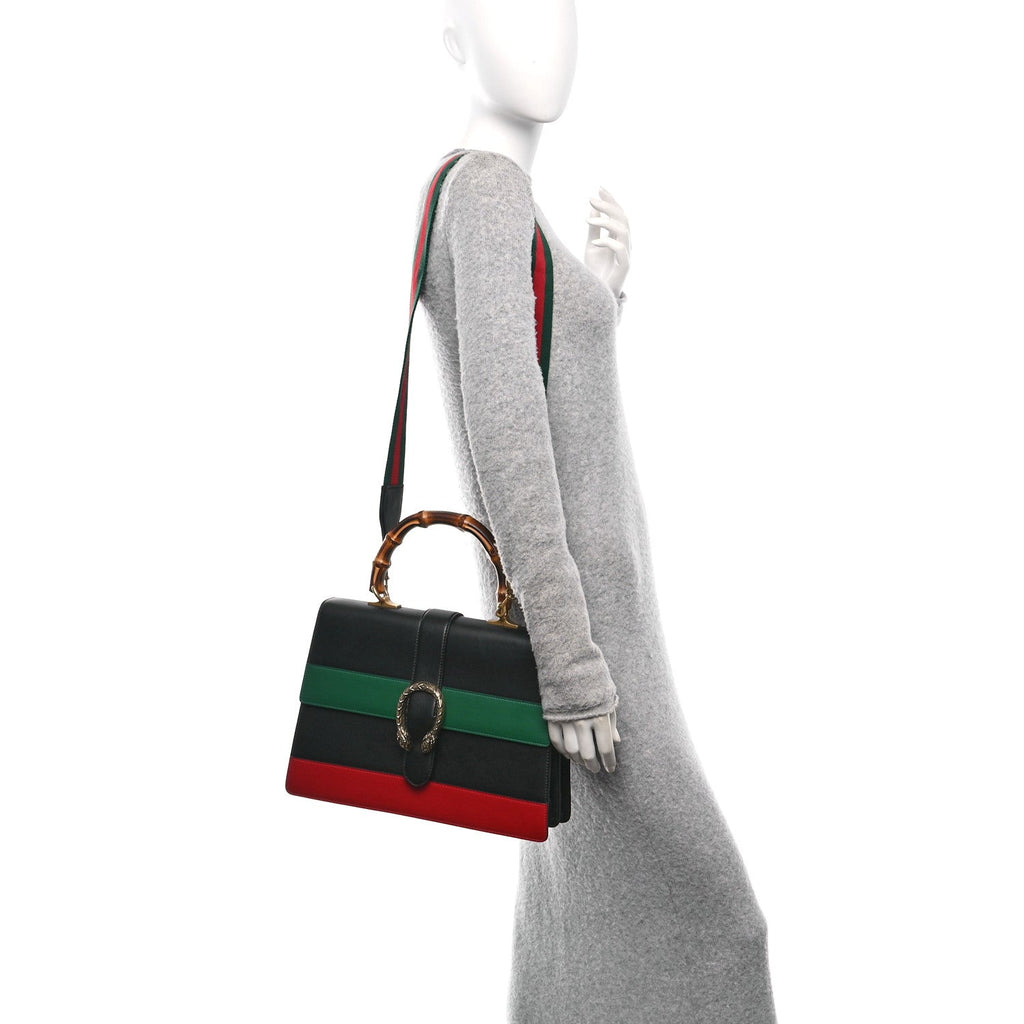 Calfskin Bamboo Web Large Dionysus Top Handle Bag Black Bright Evergreen Hibiscus Red