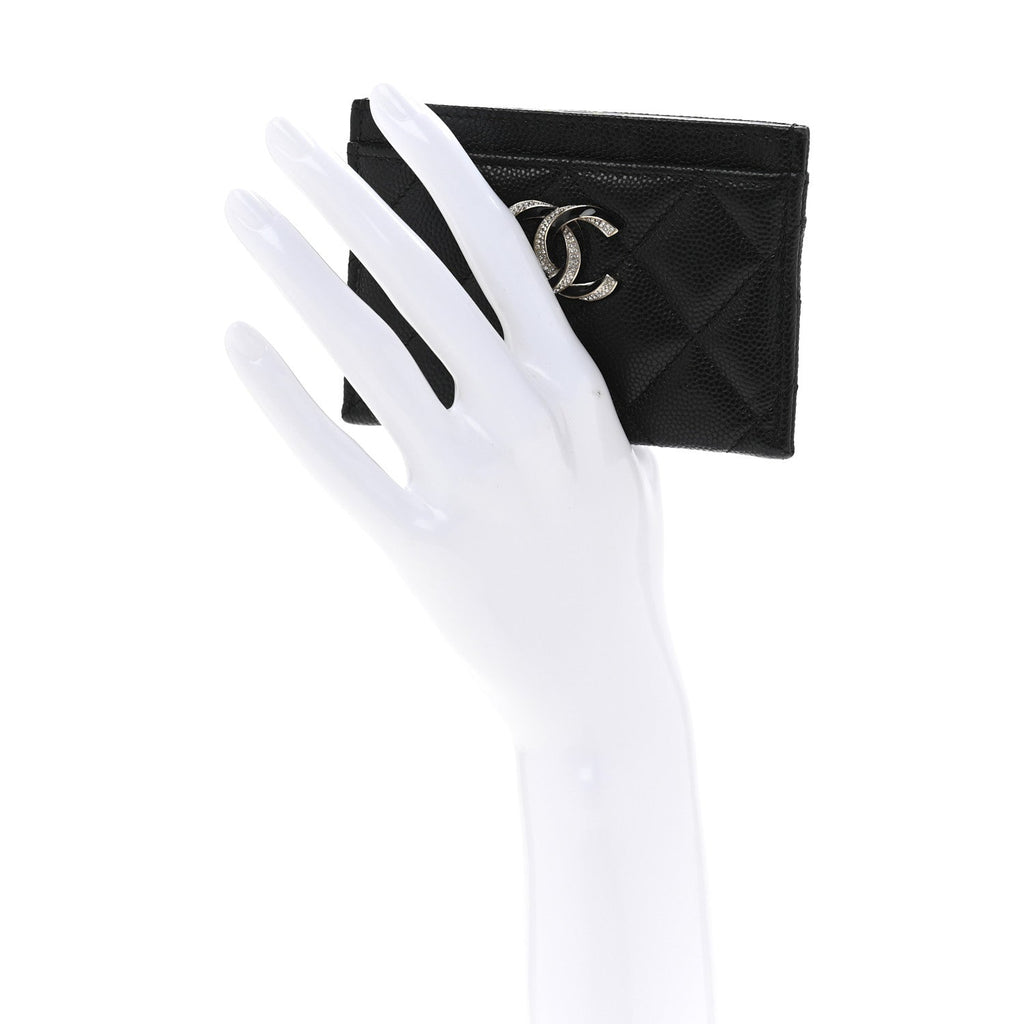 Caviar Quilted Crystal Enamel CC  Holder Black