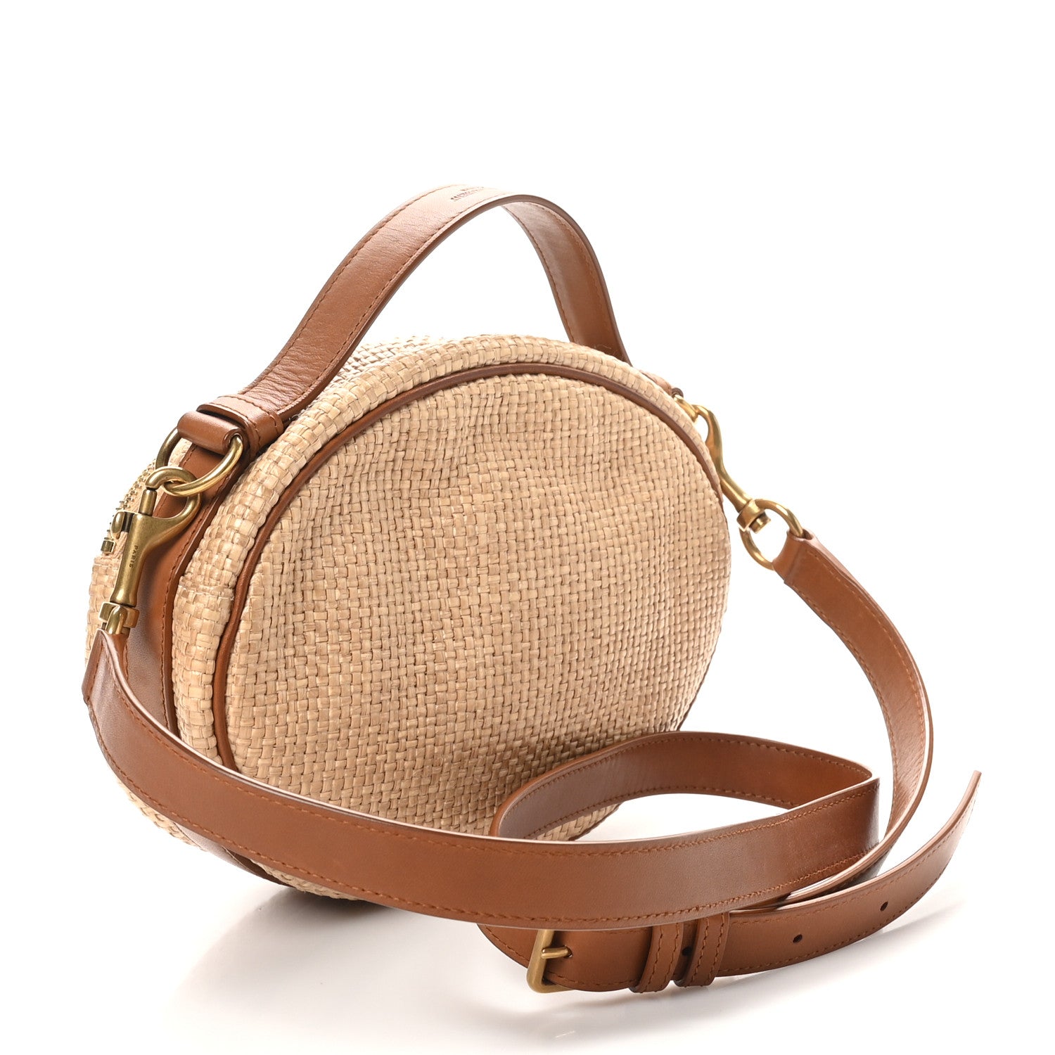 Raffia Calfskin Round Camera Bag Golden Ecru Brick