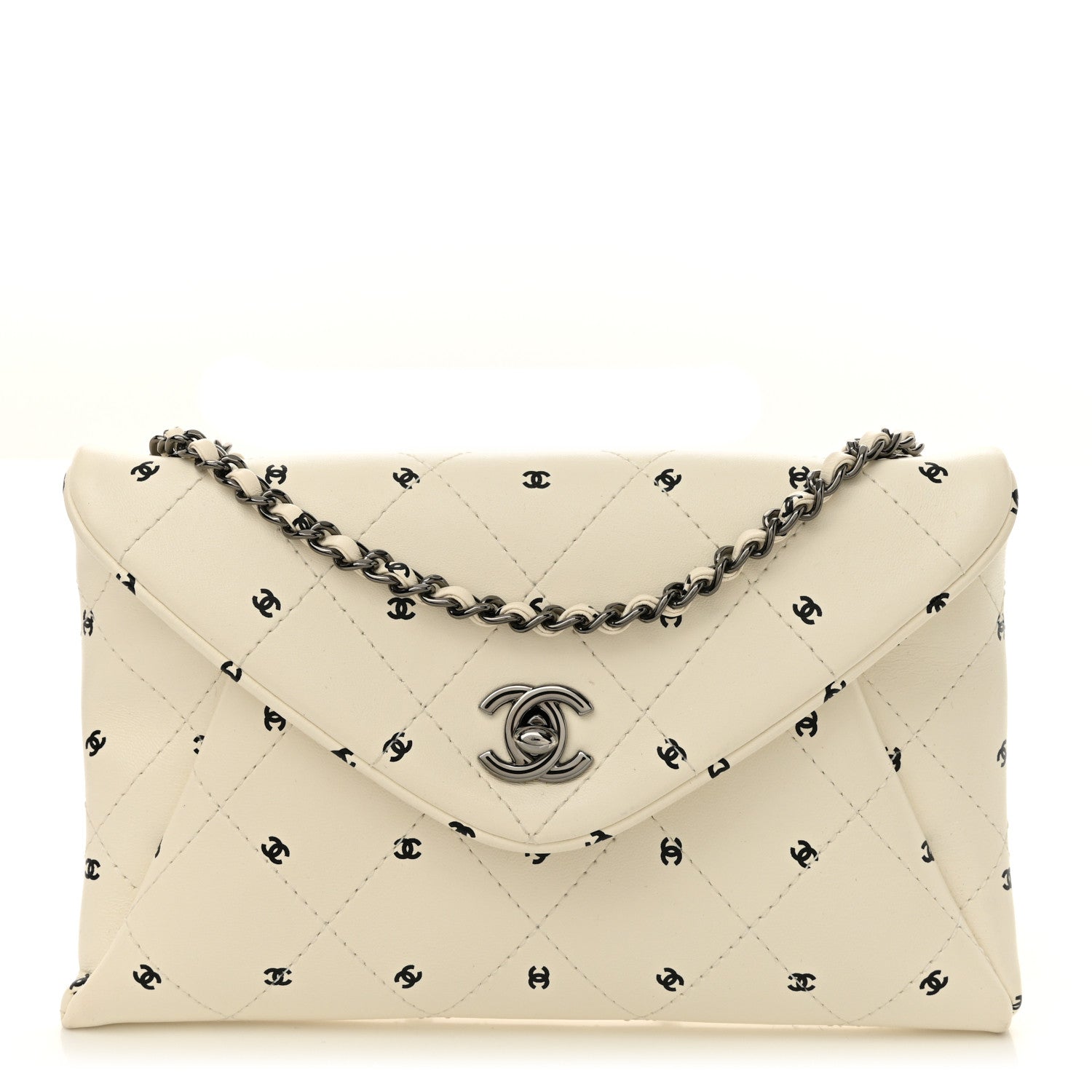 Printed Lambskin Logo CC Envelope Clutch With Chain White