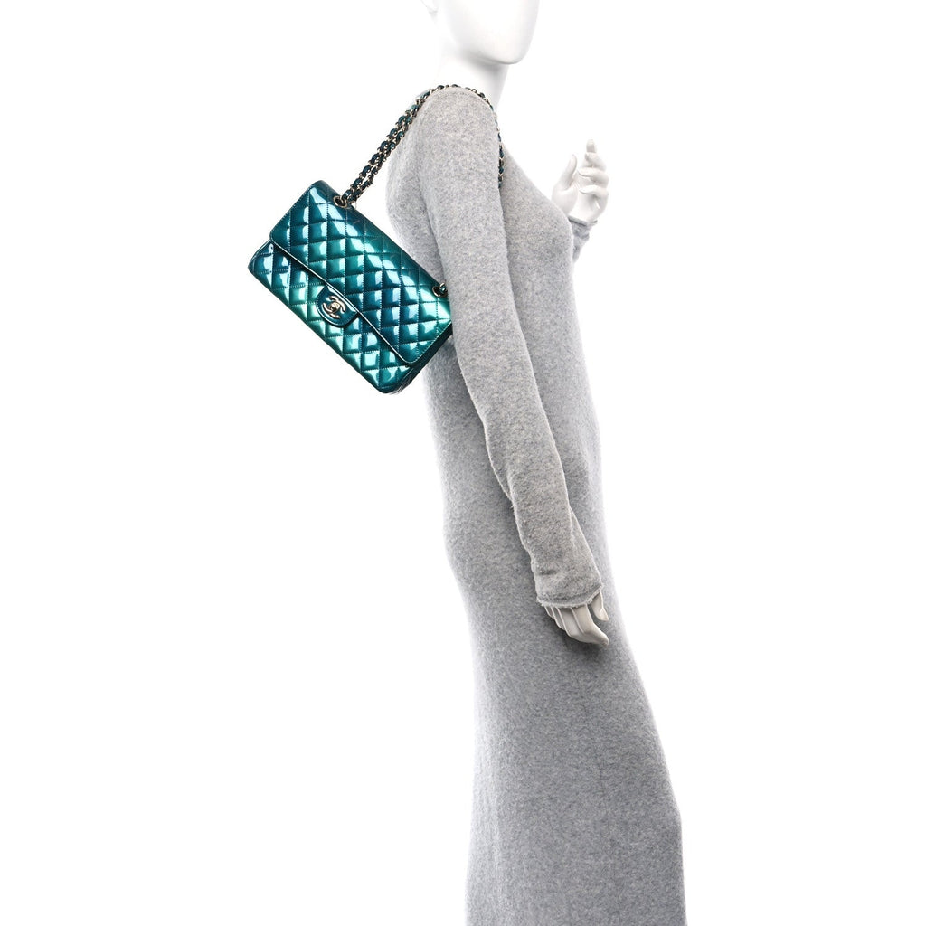 Shaded Patent Calfskin Quilted Medium Double Flap Green Blue