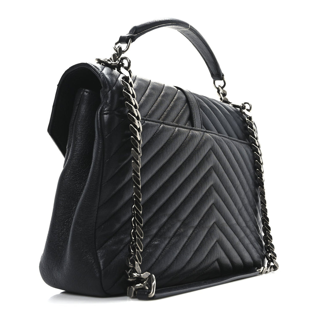 Sheepskin Matelasse Chevron Monogram Large College Satchel Black