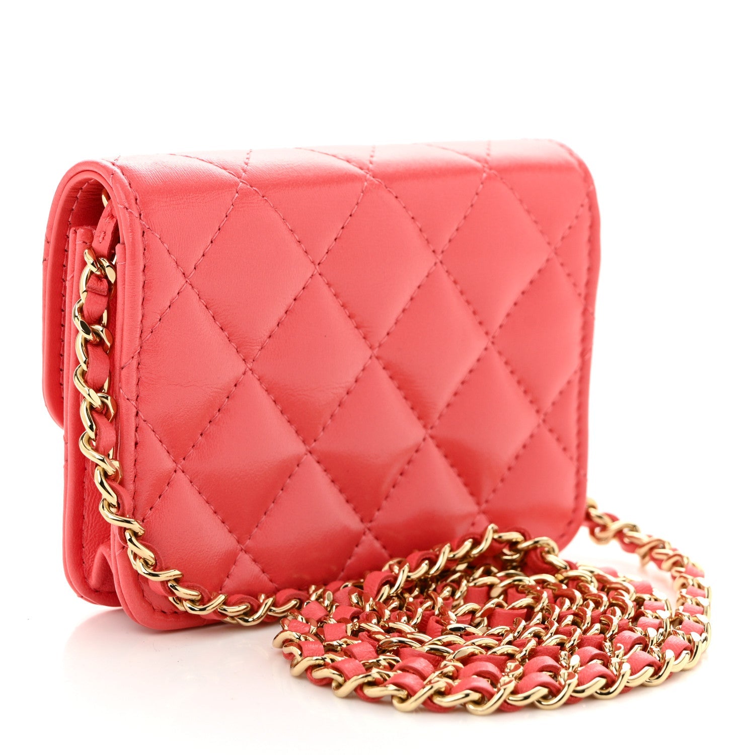 Shiny Lambskin Quilted  Holder On Chain Pink