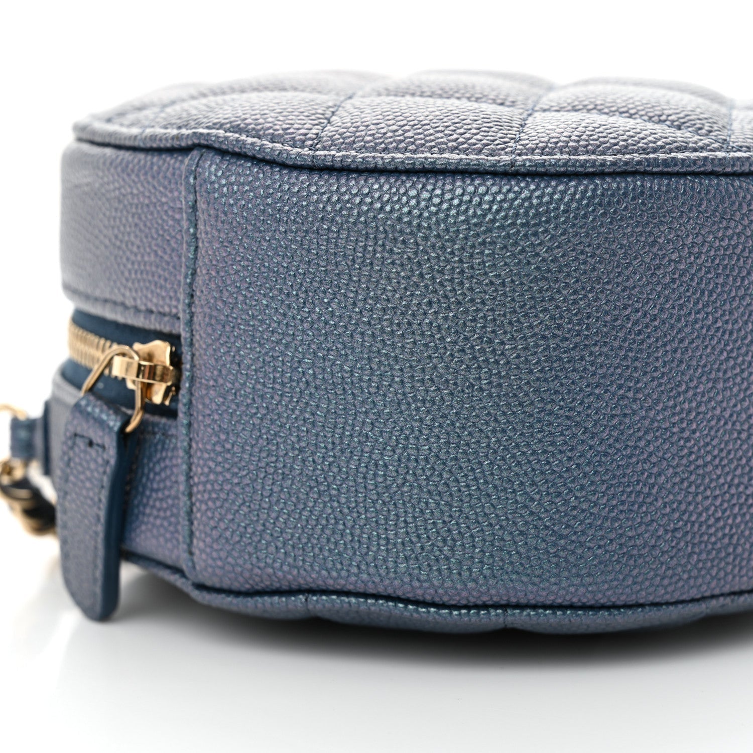 Iridescent Caviar Quilted Round Clutch With Chain Blue
