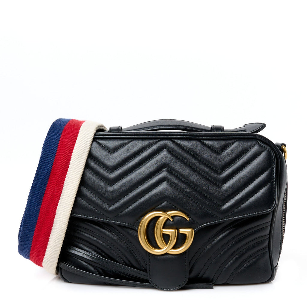 Calfskin Matelasse Sylvie Web Small GG Marmont Top Handle Shoulder Bag Black