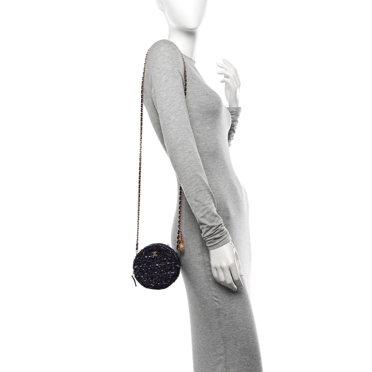 Tweed Quilted Round Clutch With Chain Multicolor