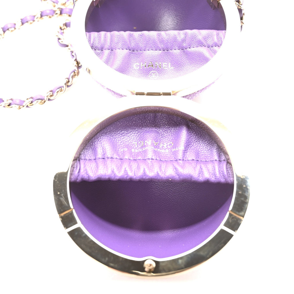 Tweed Minaudiere Round Chain Clutch Purple