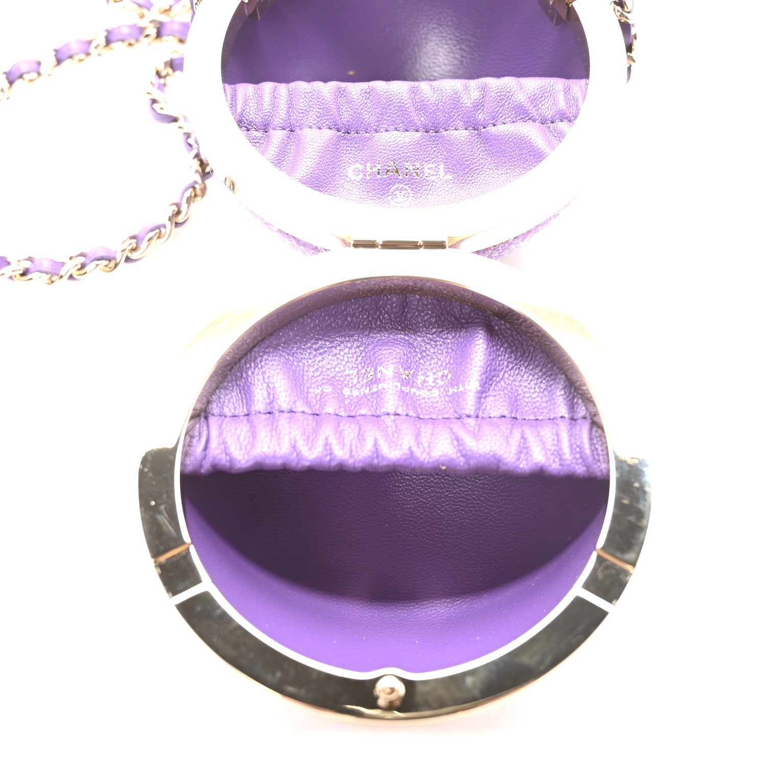 Tweed Minaudiere Round Chain Clutch Purple