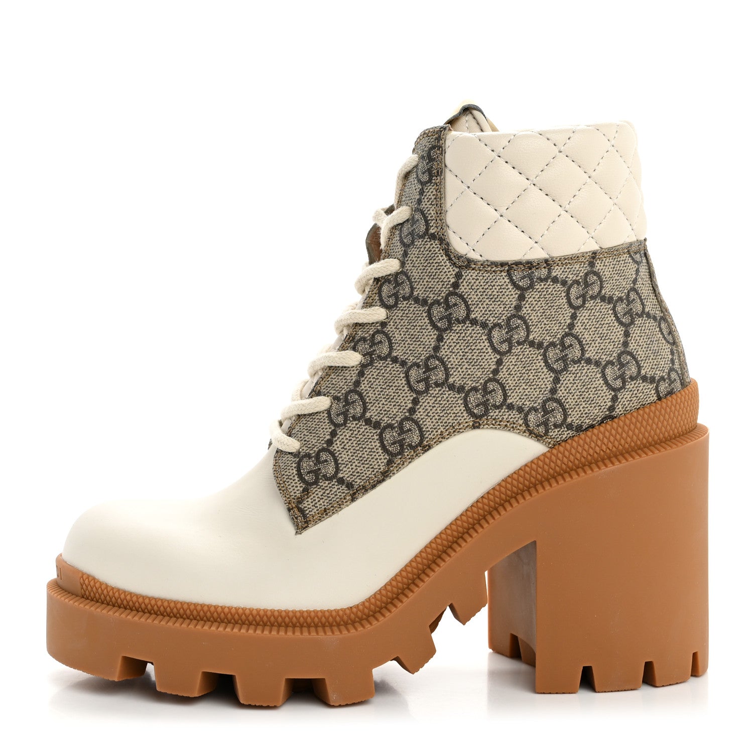 Calfskin GG Supreme Monogram Nappa Quilted Lace Up Ankle Boots 35 Mystic White Beige