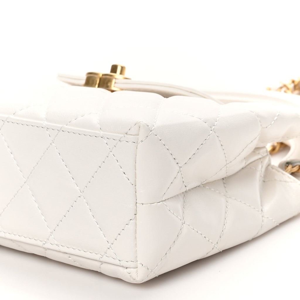 Shiny Aged Calfskin Quilted Nano Kelly Shopper White