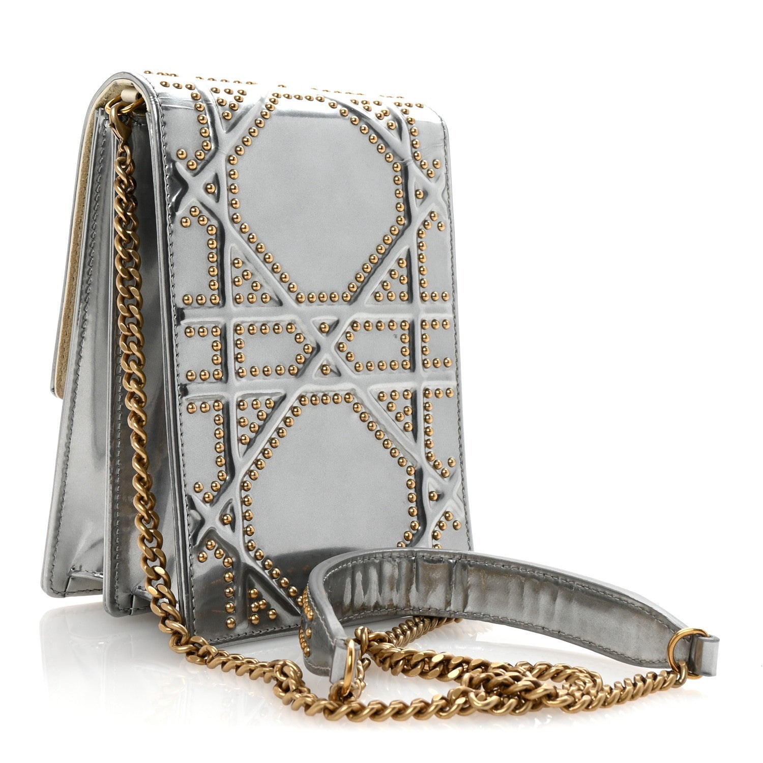 Metallic Calfskin Studded Vertical Diorama Silver