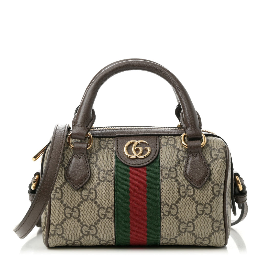 GG Supreme Monogram Textured Dollar Calfskin Web Super Mini Ophidia Top Handle Bowler Bag Beige Ebony New Acero