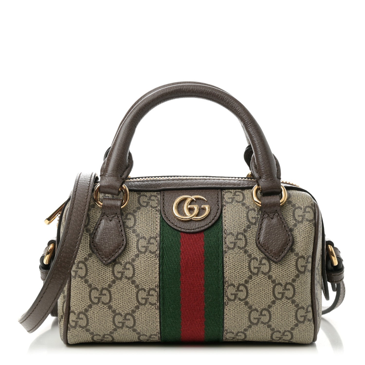 GG Supreme Monogram Textured Dollar Calfskin Web Super Mini Ophidia Top Handle Bowler Bag Beige Ebony New Acero