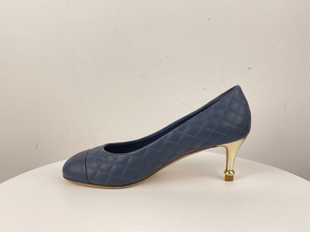 Chanel Navy Black Calfskin Quilted Cap Toe Camellia Pumps 37.5 with Cc Logo