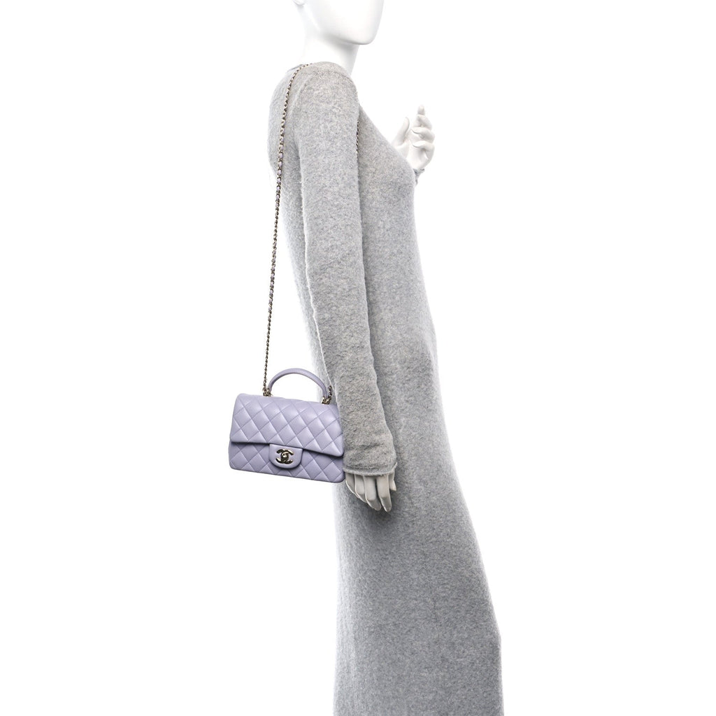 Lambskin Quilted Mini Top Handle Rectangular Flap Light Purple