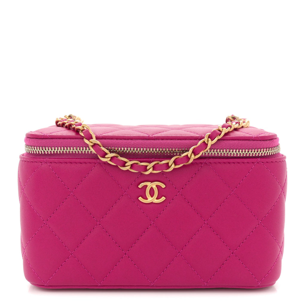 Lambskin Quilted Small Pearl Crush Vanity Case With Chain Fuchsia