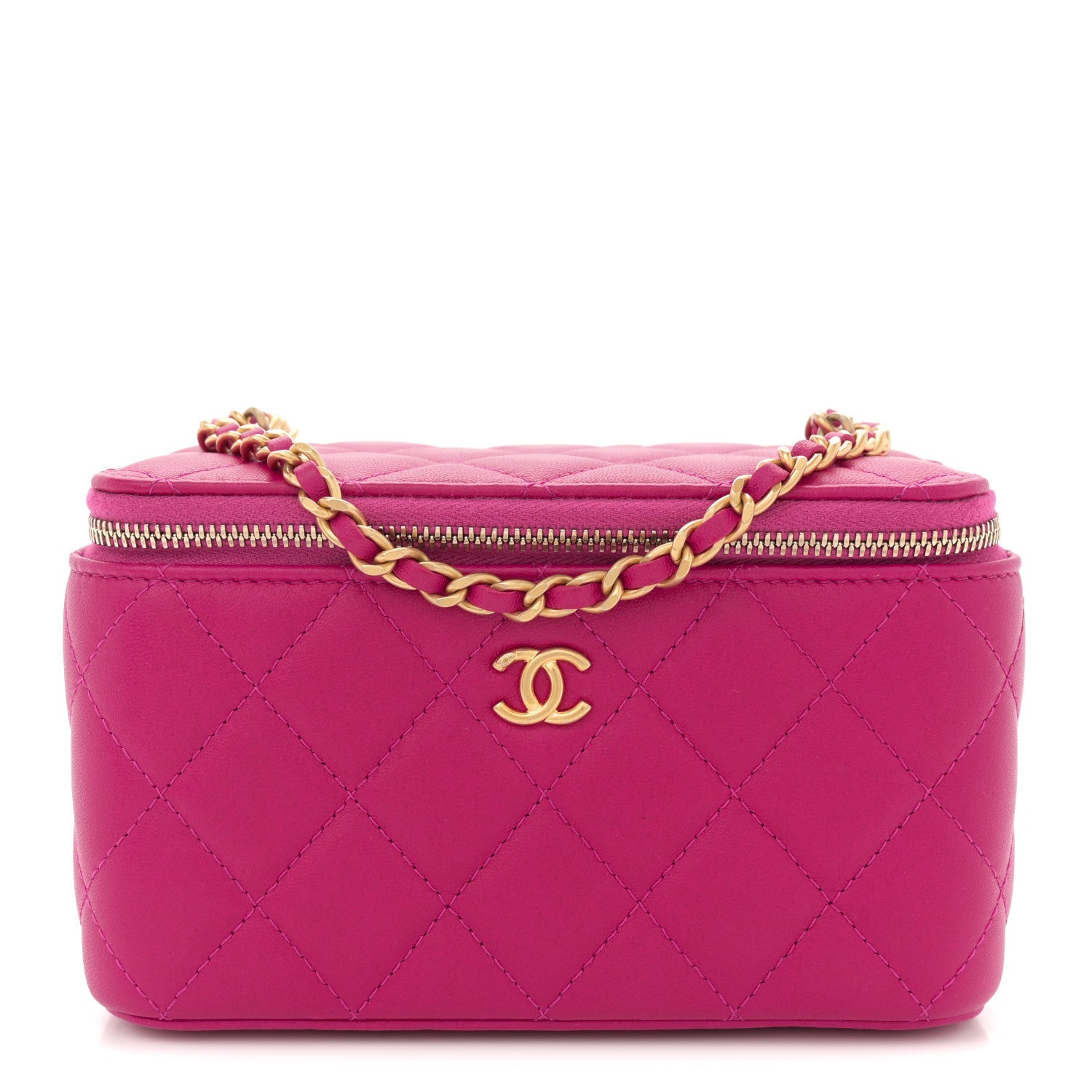 Lambskin Quilted Small Pearl Crush Vanity Case With Chain Fuchsia