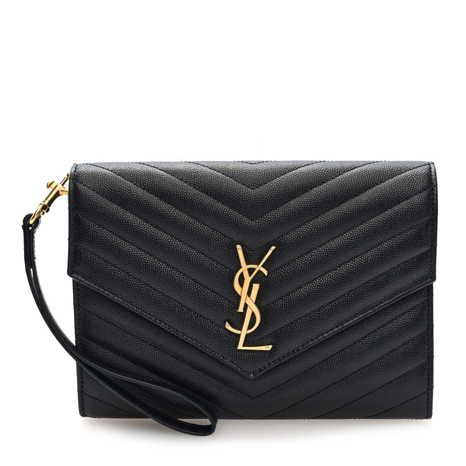 Grain De Poudre Matelasse Chevron Monogram Envelope Clutch Black
