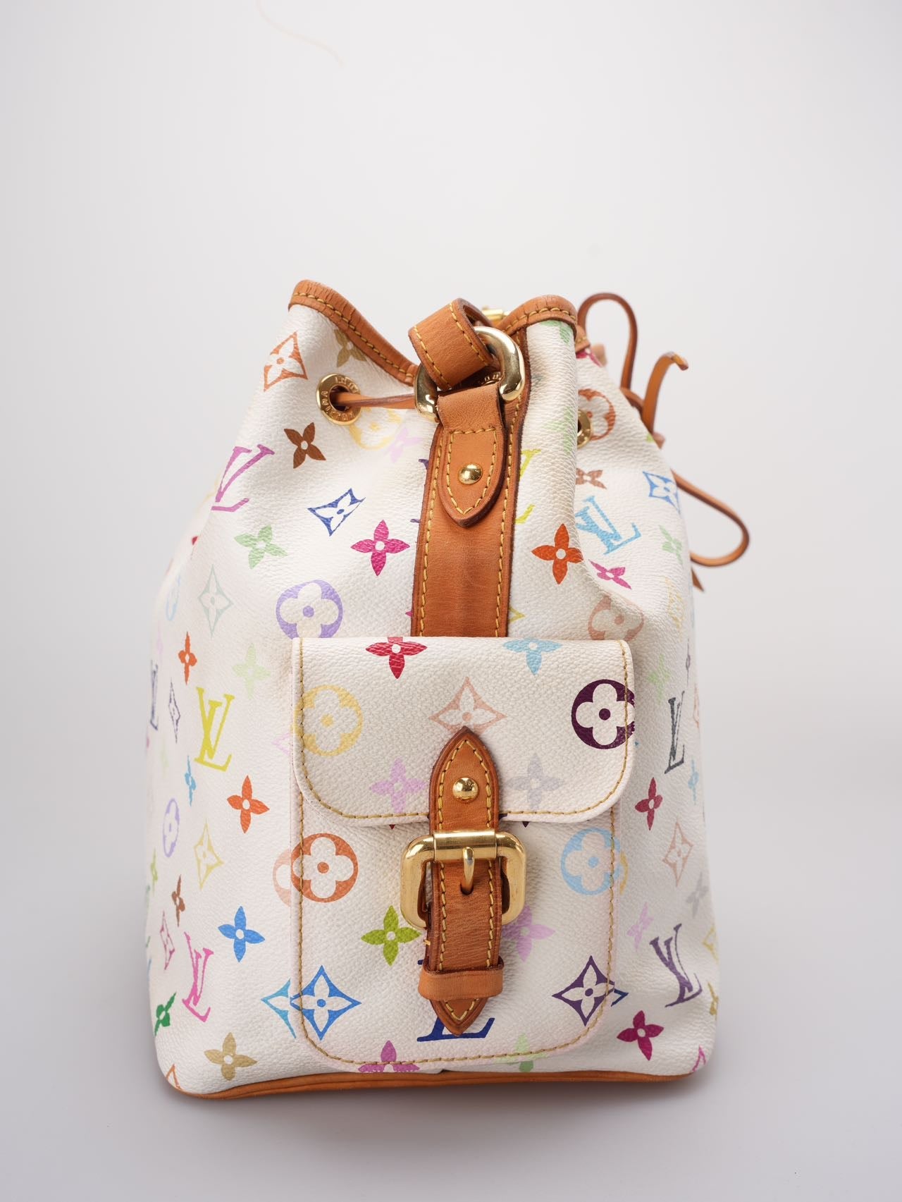 Louis Vuitton Takashi Murakami White Multicolore Monogram Coated Canvas Petit Noe Bag Gold Hardware