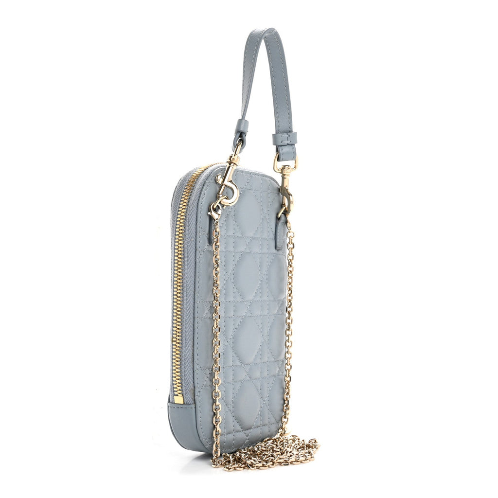 Lambskin Cannage Lady Dior Phone Holder Cloud Blue