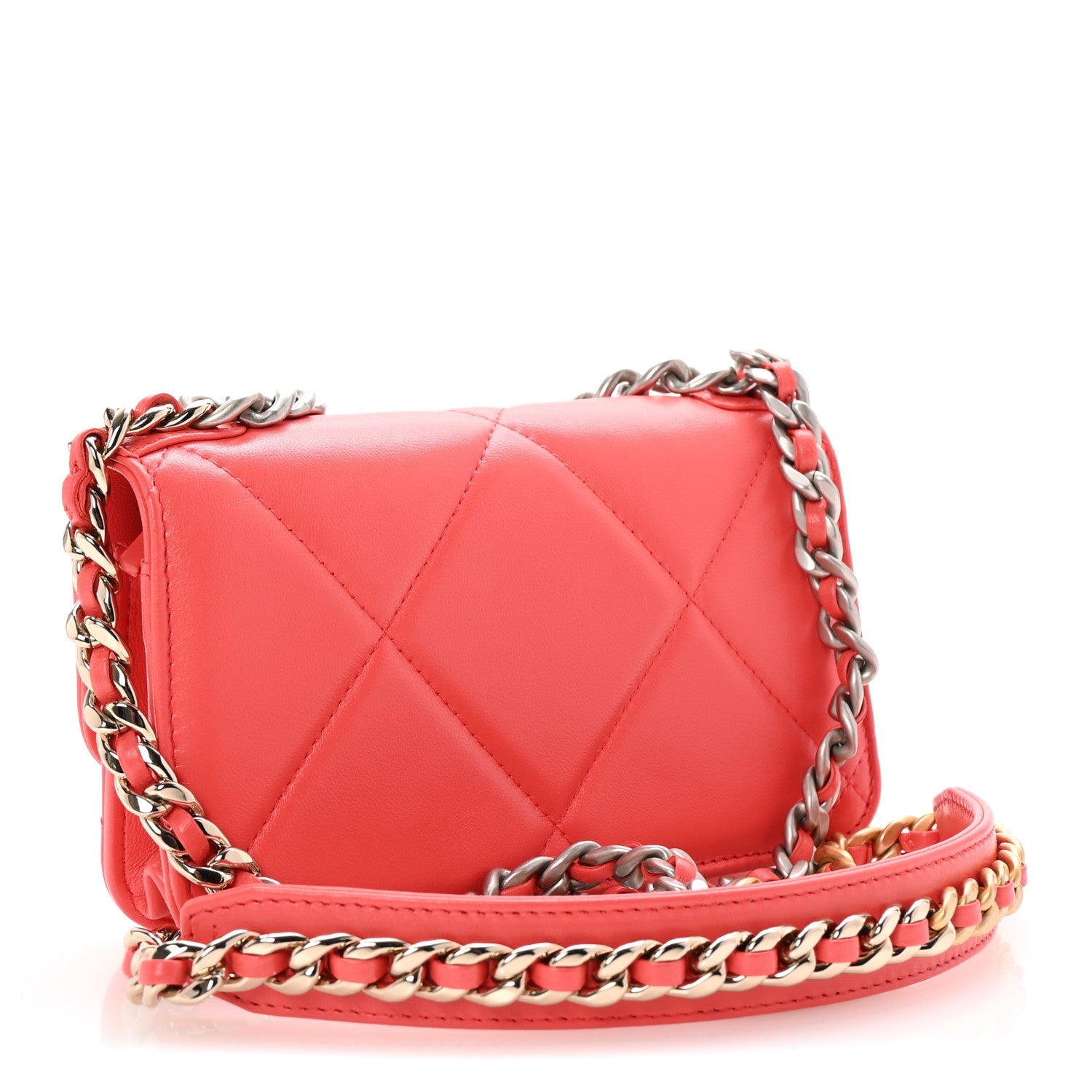 Lambskin Quilted Chanel 19 Flap Phone Holder With Chain Coral
