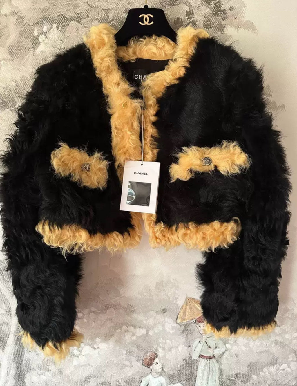 Chanel 21K Black & Light Orange Shearling Lambskin Jacket