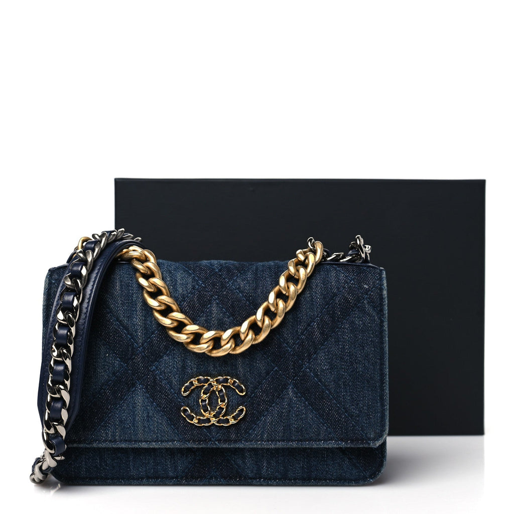 Denim Quilted Chanel 19 Wallet On Chain WOC Blue