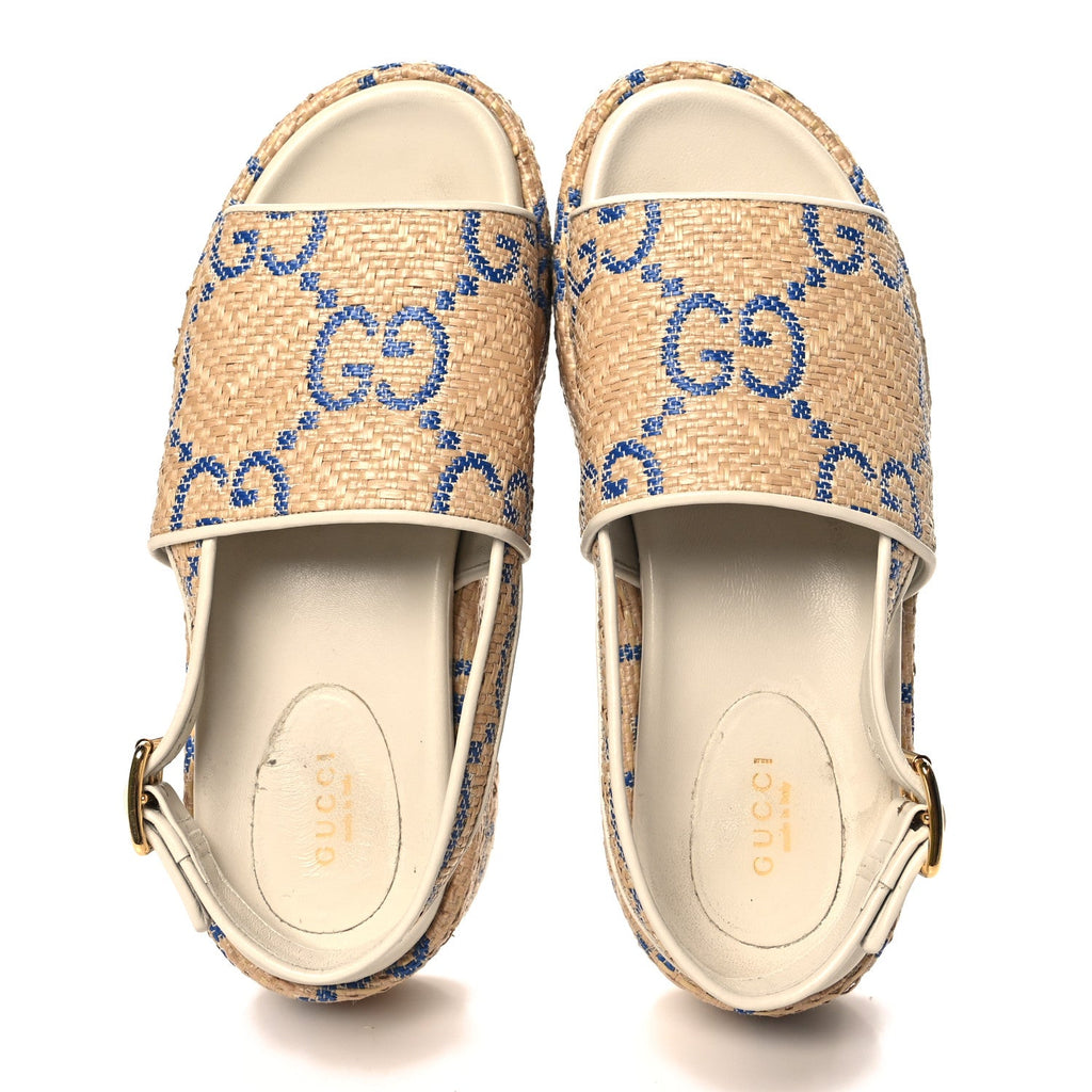 Raffia GG Monogram Granada Kid Angelina Platform 35mm Slingback Sandals 37.5 Natural Royale Mystic White