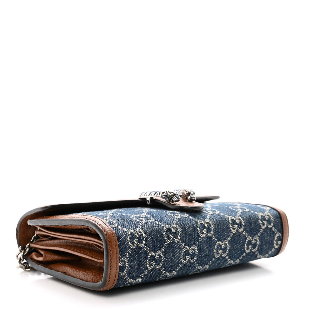 New Denim GG Monogram Dollar Calfskin Enamel Mini Dionysus Chain Wallet Blue Tea Cuir Epilog Electric Blue